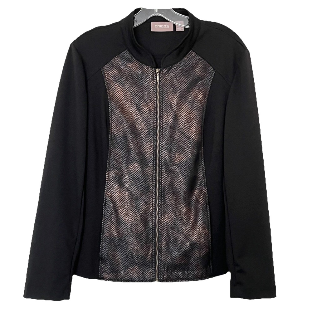 Chicos Womens Zip Up Cardigan Jacket 2 Black Iridescent Metallic Snakeskin Print
